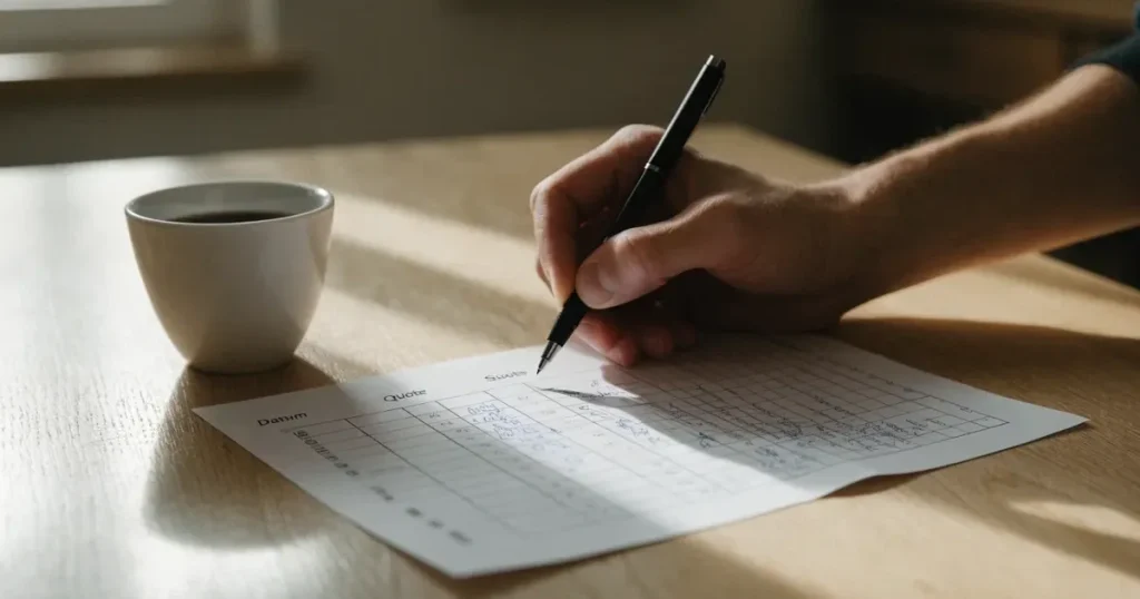 Eine Hand hält einen Stift über einem leeren Blatt, daneben eine Tasse Kaffee auf einem hellen Tisch.