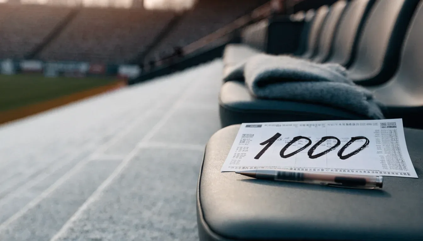 Ein grauer Wollschal und eine Thermoskanne liegen auf einem Sitz im winterlichen Stadion, Raureif liegt auf den Stufen.