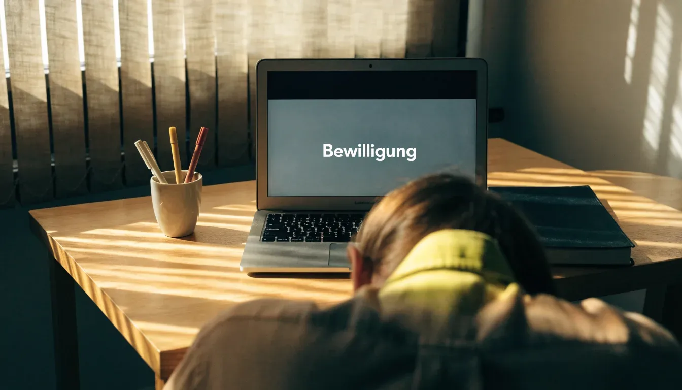 Streifen von Sonnenlicht fallen durch eine Jalousie auf einen Schreibtisch mit Stiften.