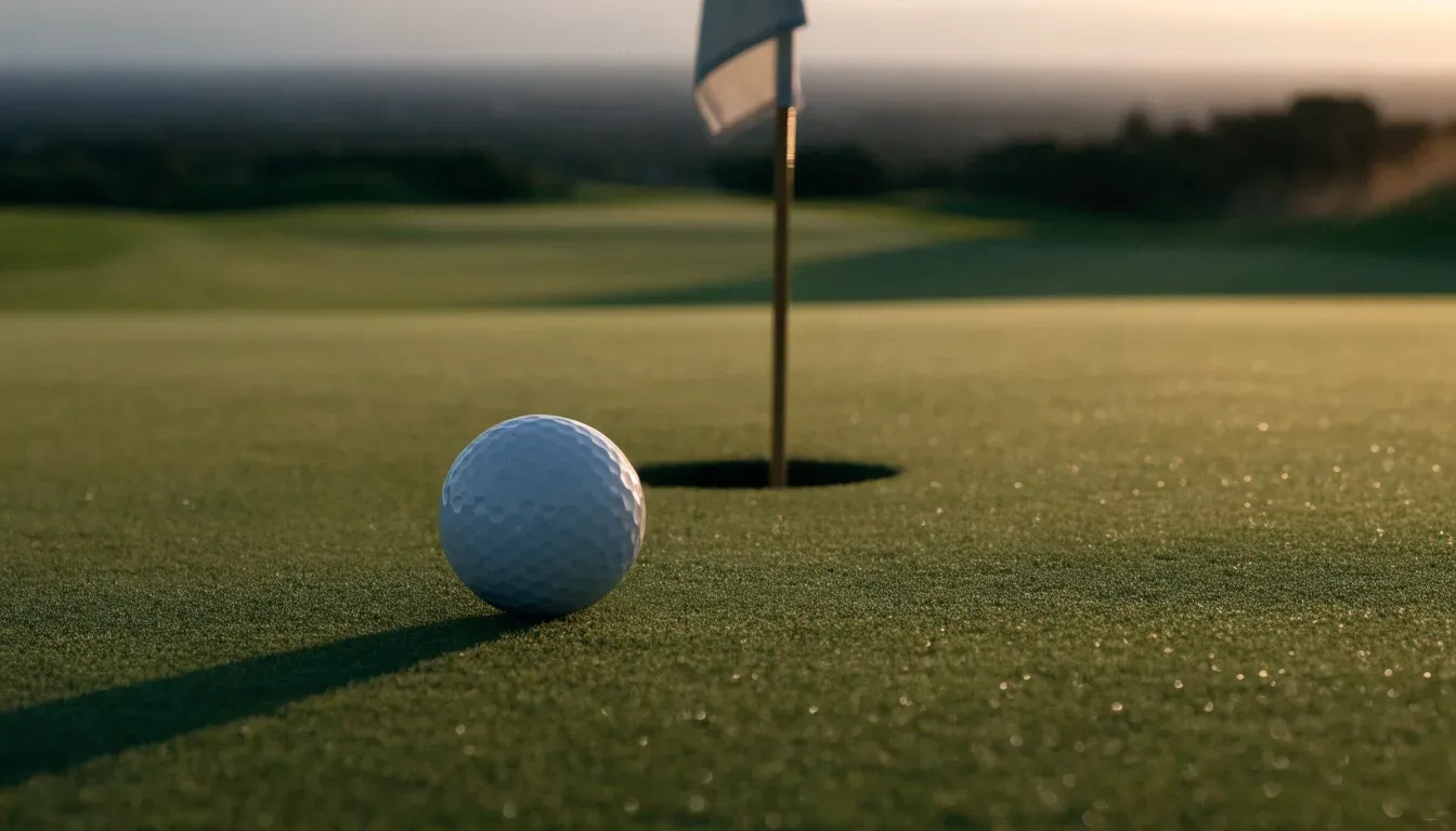 Ein Golfgrün liegt am frühen Morgen im Tau, ein Ball liegt nahe dem Loch.